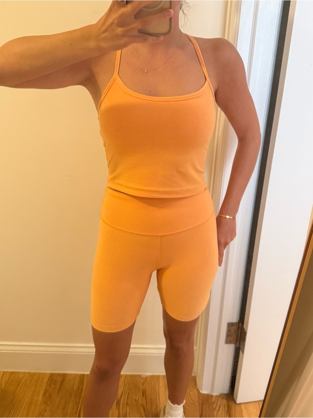 Beyond Yoga Bright Orange Strappy Tank & High-Rise Bike Shorts